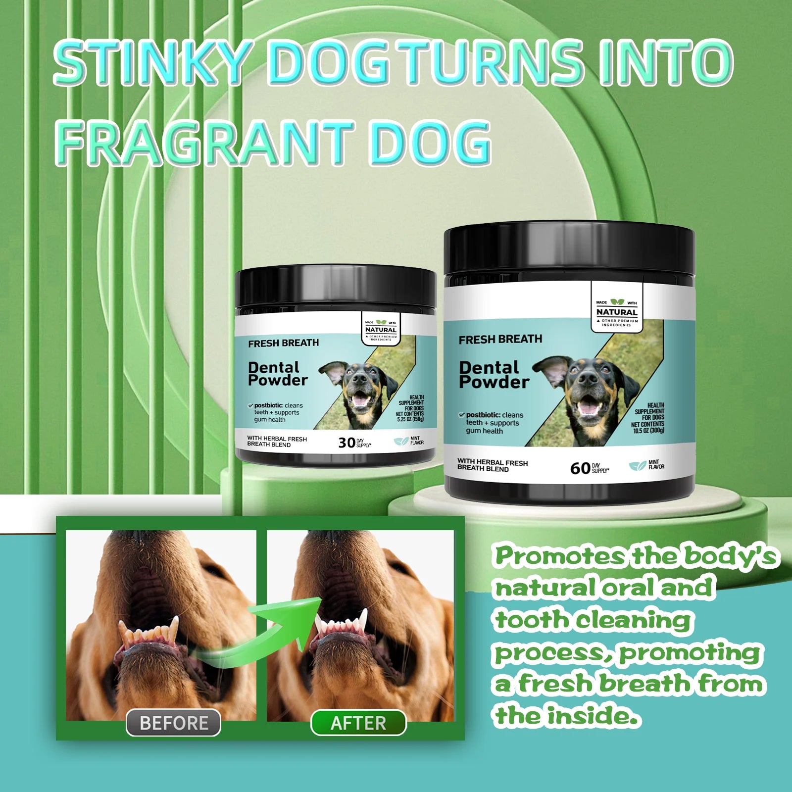 Anti-Tartar Pet Dental Powder - For dogs & cats. Freshens breath naturally & supports oral health. Mint herbal blend formula.